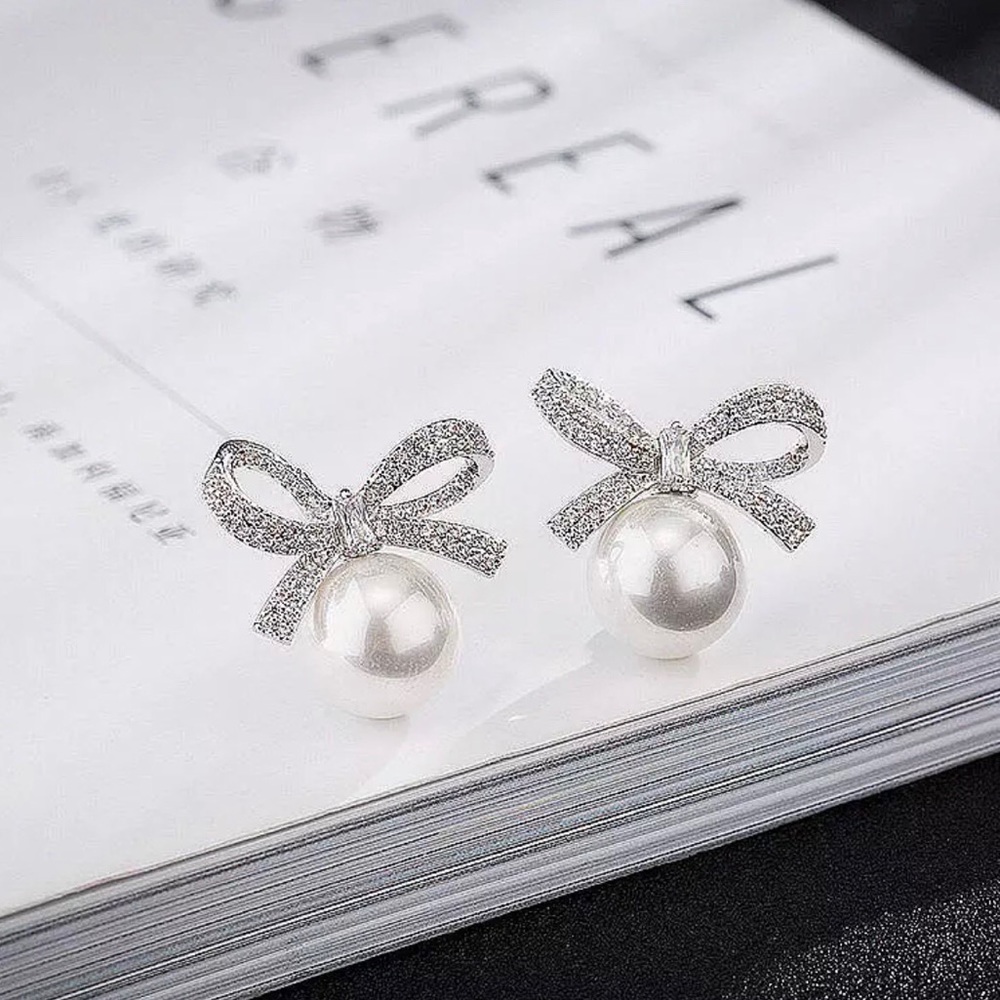 925 Sterling Silver Bow & Pearl Drop Earrings - Picture 2 of 7